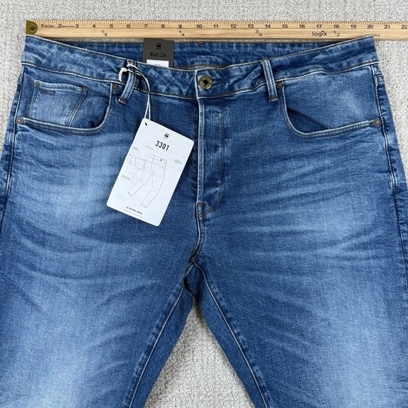NWT G Star Raw Men's 40x34 3301 Slim Fit Button Fly Stretch Denim Blue Jeans - Picture 11 of 12
